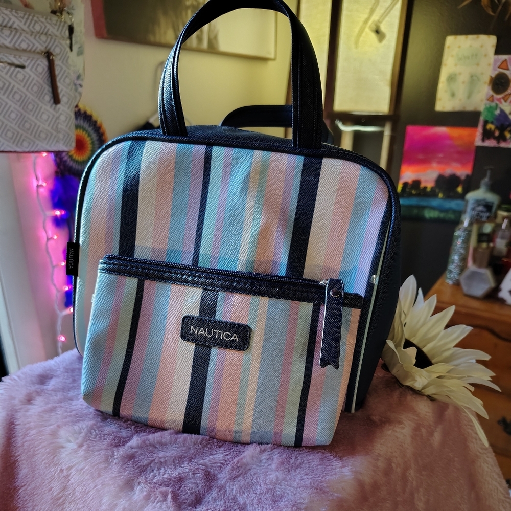 Nautica Women's Striped Cosmetic- Blue, Pink, Black